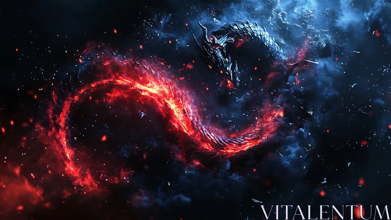 Bioluminescent fire dragon coils through turbulent cosmic nebula