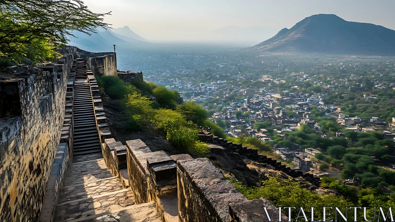 Stone fortress rampart and stairway overlook dense valley settlement