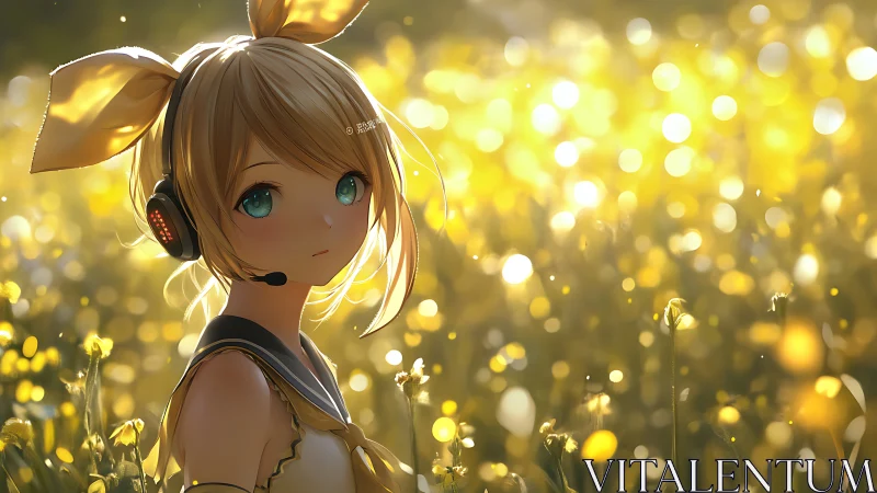 Headset girl in yellow flower field with bright bokeh light.