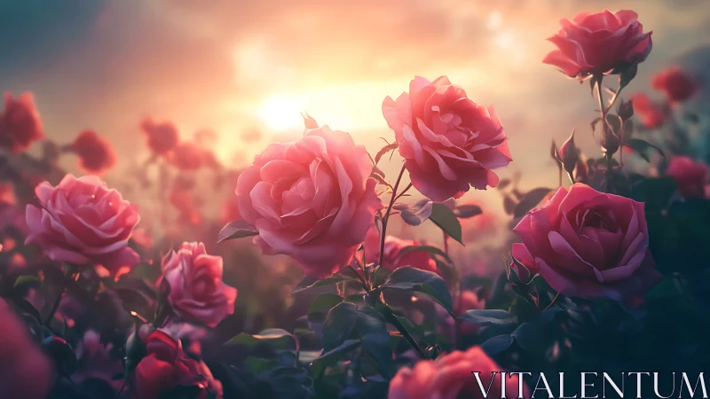 Rose Garden Reverie: Sunset's Pink Bloom Symphony.
