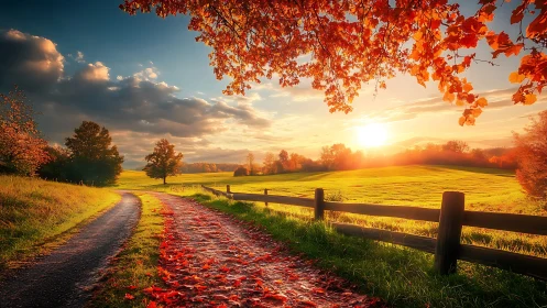 Autumn lane glowing in sunset light and gentle countryside calm.