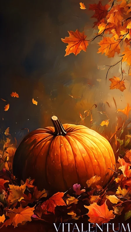 Cozy autumn pumpkin resting among glowing falling leaves.