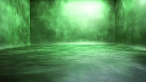 Luminous green volumetric fog fills an empty virtual room