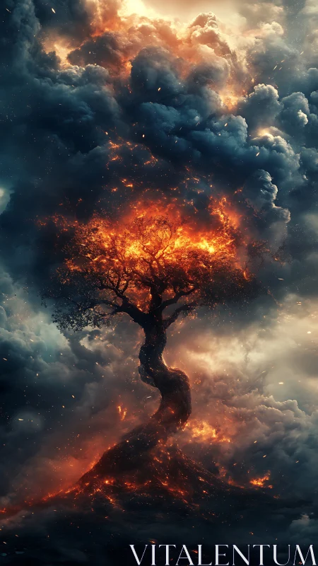 Celestial Inferno: Burning Tree Rising Through Molten Cloud Formations