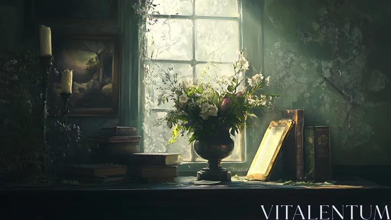 Window-lit floral still life with illuminated antique folio.