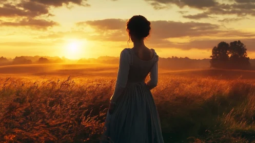 Sunlit maiden contemplating dusk over golden fields.
