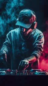 Smoke-draped DJ bends neon light into pulsing midnight beats