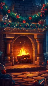 Holiday fireplace with garland and glowing firelit hearth.