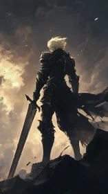 Armored swordsman silhouette on rocky ridge at dusk sky.