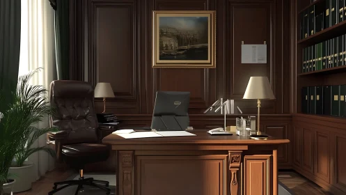 Executive mahogany office interior with laptop, leather chair