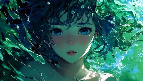 Ethereal blue‑eyed girl floats in vivid emerald water