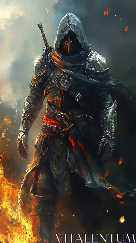 Hooded armored warrior walks through surrounding flames.
