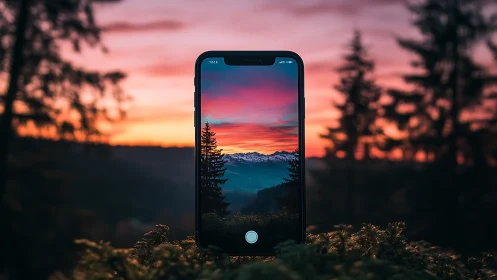 Smartphone framing alpine sunset landscape with forest silhouettes