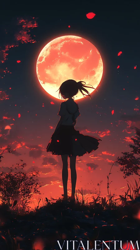 Silhouetted girl stands before large glowing red moon