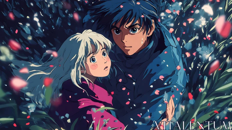 Two anime figures lying amid dense grass and petals.