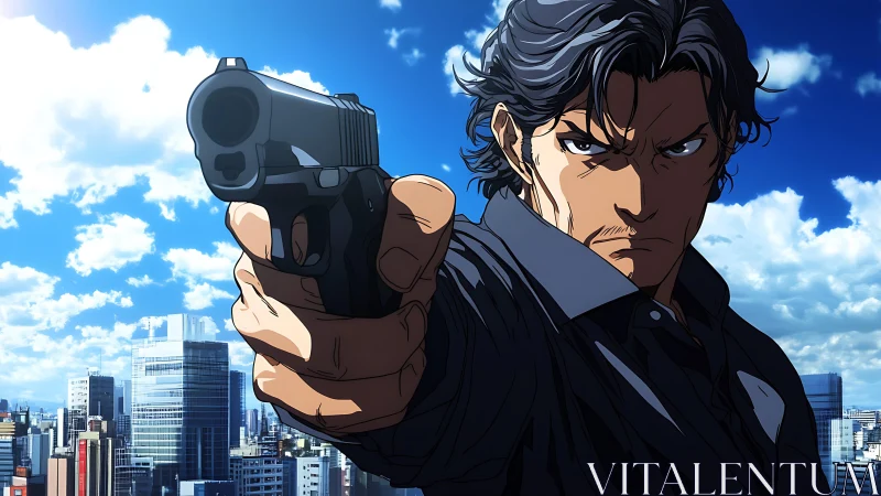 Hardened anime gunman confronts city skyline under pressure.