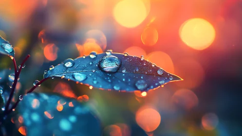 Dew-covered leaf captures sunset bokeh in luminous macro view