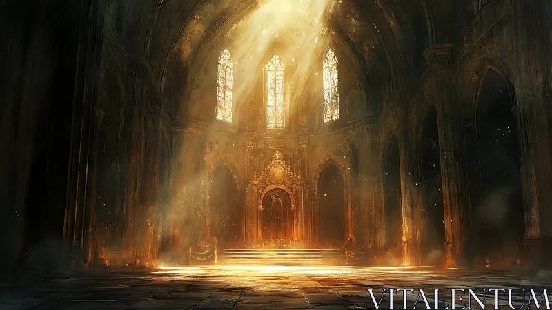 Sunlit gothic cathedral interior glows with ethereal dust