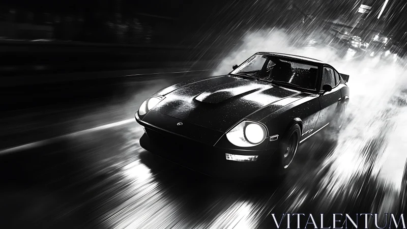 Midnight rain-runner coupe slicing neon-drenched asphalt.