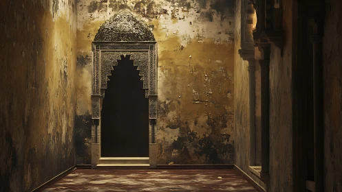 Ornate arched doorway in aged, textured interior corridor.