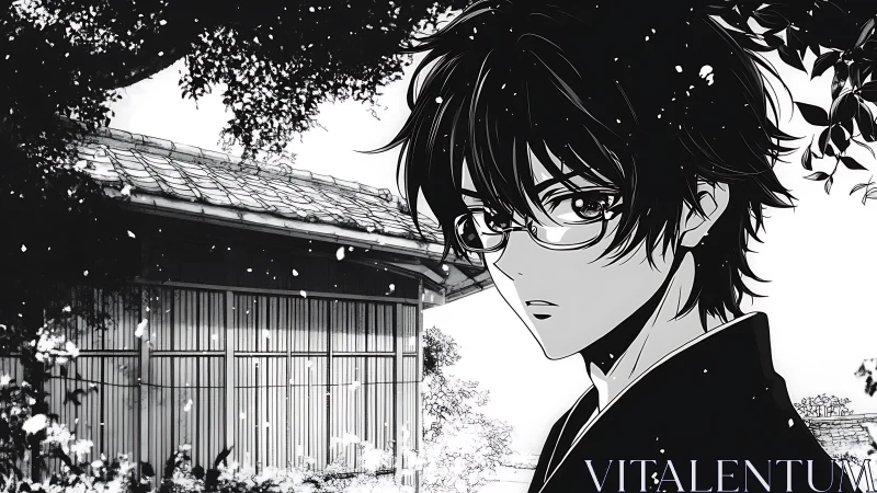 Melancholic anime boy stands by a quiet traditional house.