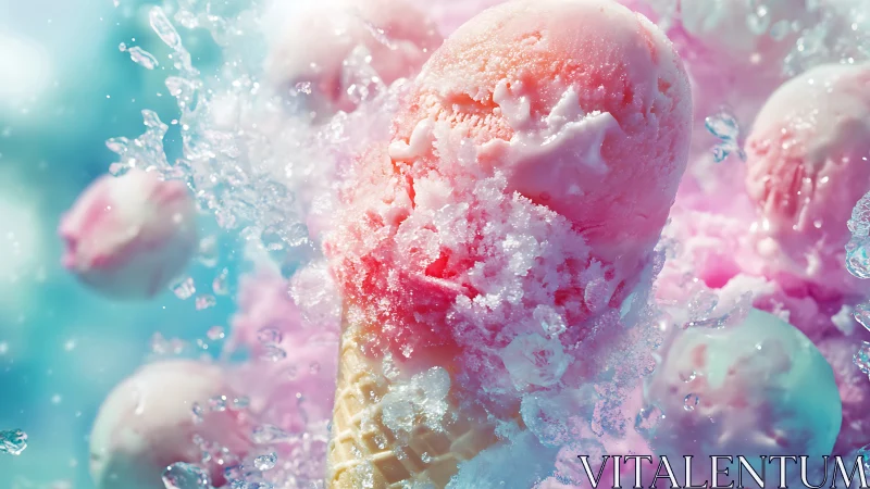 Frost-kissed strawberry ice cream dream in shimmering splash.