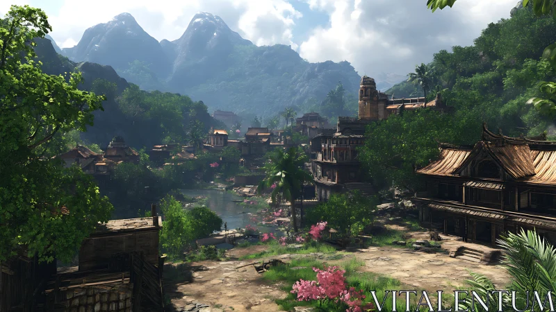 Ancient Asian Village Nestled in Mountainous Landscape with Waterway