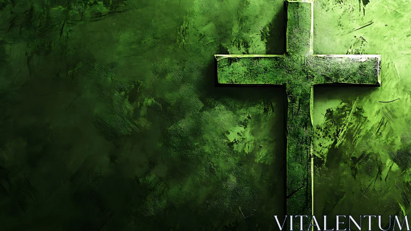 Weathered green cross stands against textured abstract field.