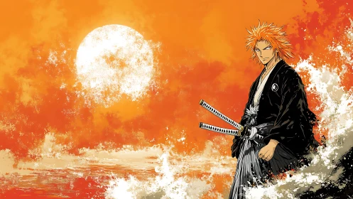 Samurai warrior with twin katanas against blazing orange sun