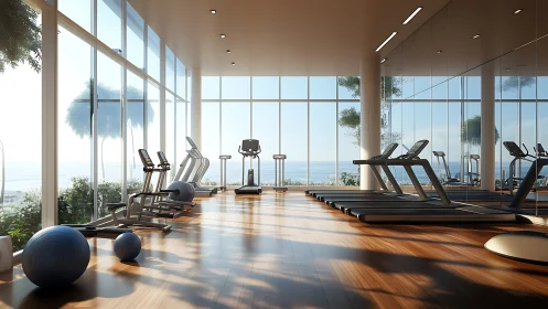 Indoor fitness room overlooks seascape through full glazing