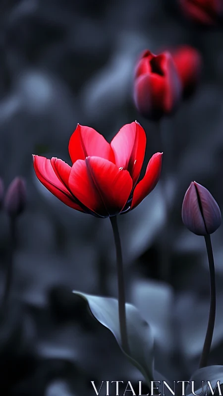 Vibrant Red Tulips Bloom Against Moody Dark Background