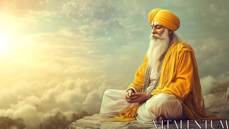 Digital painting of serene guru meditating above clouds.