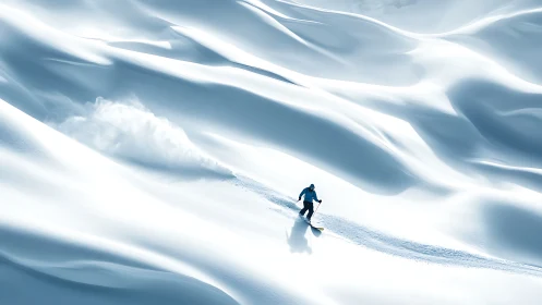 Solitary ski dancer carving curves across velvet snow dunes.