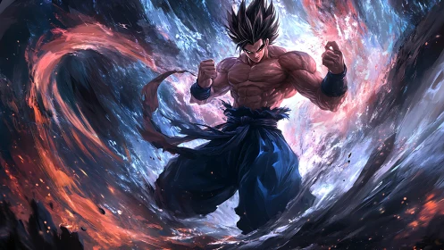 Muscular anime fighter in swirling energy vortex field.