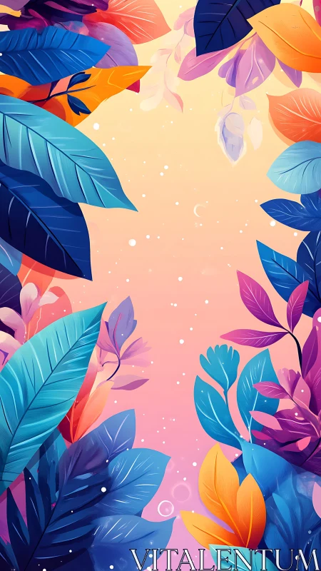 Vibrant tropical leaves frame a dreamy pastel sunrise