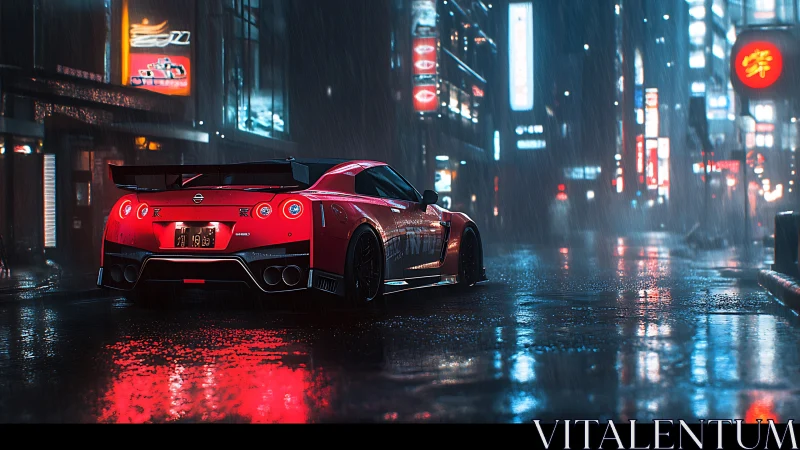 Red sports car on wet neon city street at night in rain.