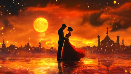 Couple in Red Dress Under Golden Moon and Cityscape.