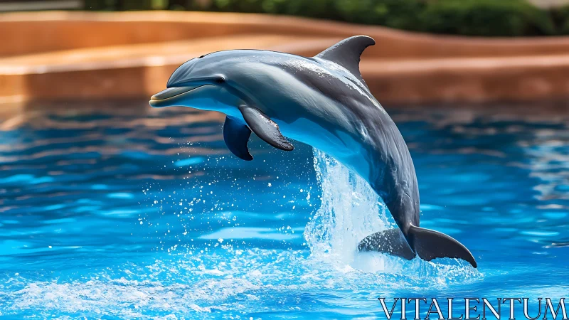 Bottlenose dolphin captured mid-arc leap with dynamic water splash