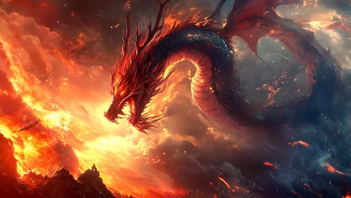 Serpentine dragon form above volcanic terrain at dusk.