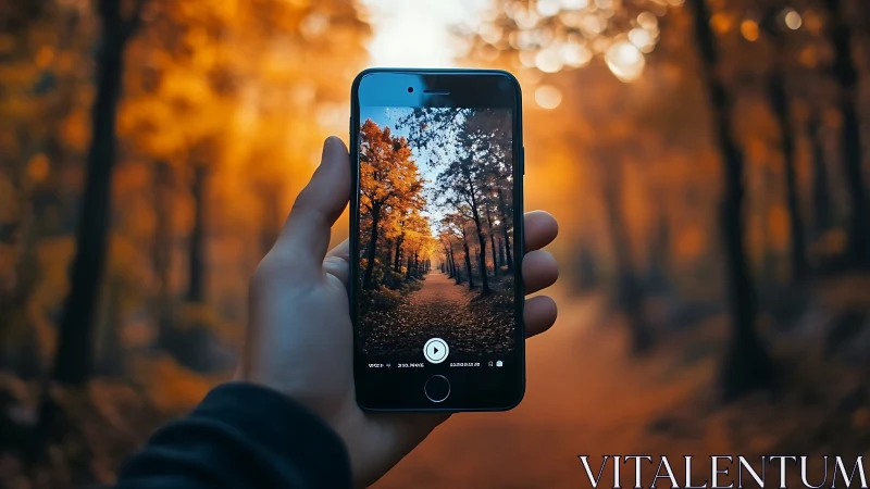 Hand Holding Smartphone Capturing Autumn Forest Path.