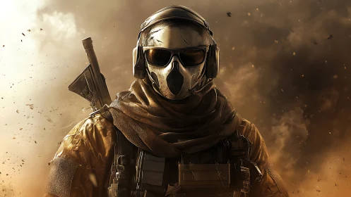 Armored soldier stands in smoky battlefield chaos, resolute