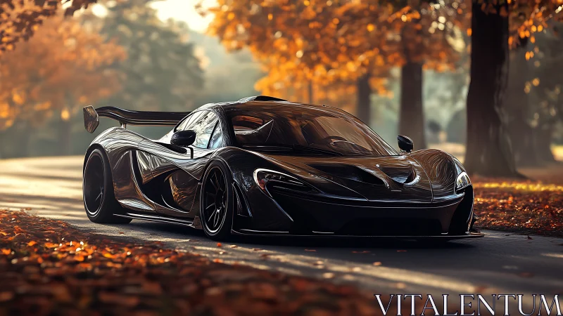 Midnight supercar glides through amber autumn light