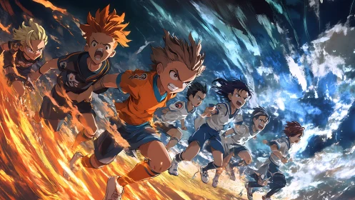 Dynamic anime soccer sprint contrasts firelit pitch and sky