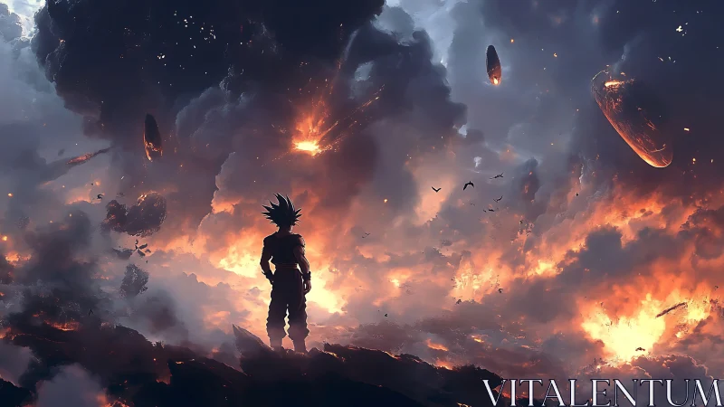 Silhouetted warrior beneath apocalyptic burning skyscape.