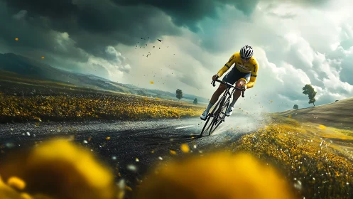 Road cyclist in yellow jersey sprinting through stormlit valley