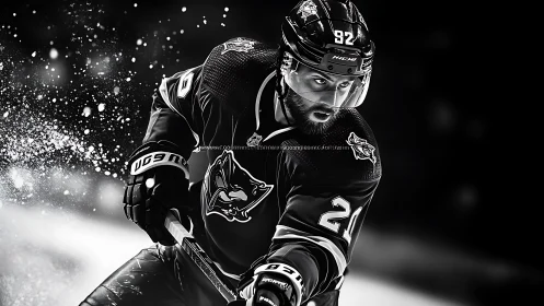 Monochrome dynamic ice hockey forward in aggressive stride.