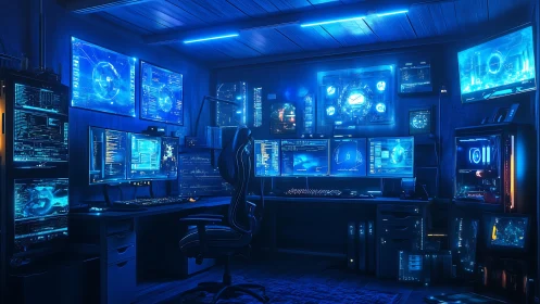 Neon command cockpit for sleepless cyber sorcerers at work.