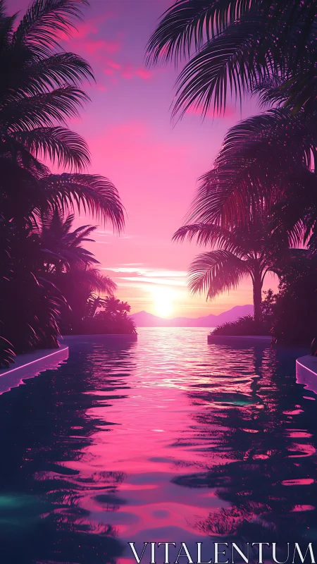Sunset pool framed by palm trees under magenta sky