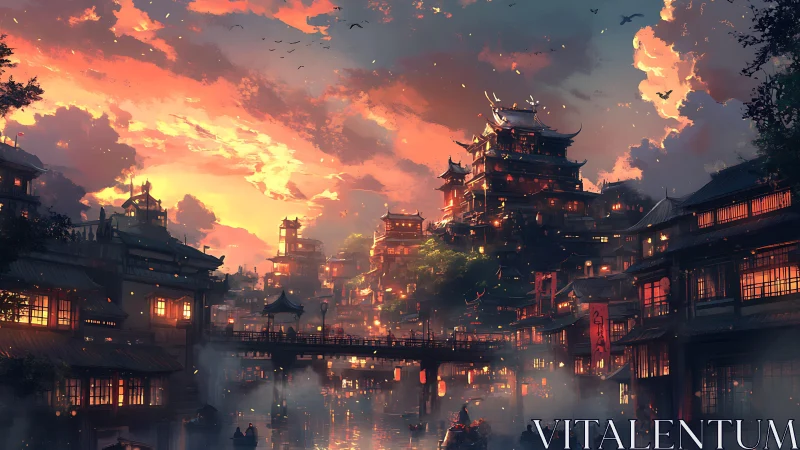 Sunset bathes a fantastical riverside city in glowing lantern light