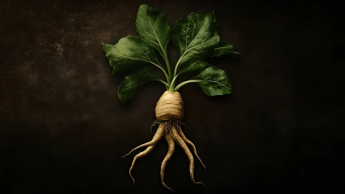 Curly root vegetable stretches out against a dark backdrop